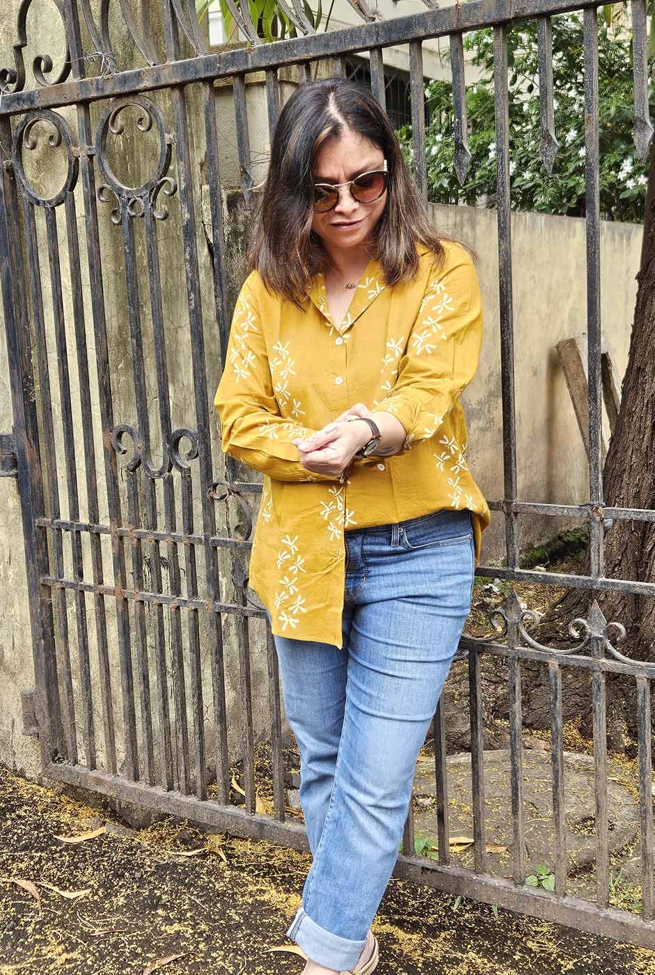 Dragonfly Block Mustard Handloom Cotton Ajrakh Shirt
