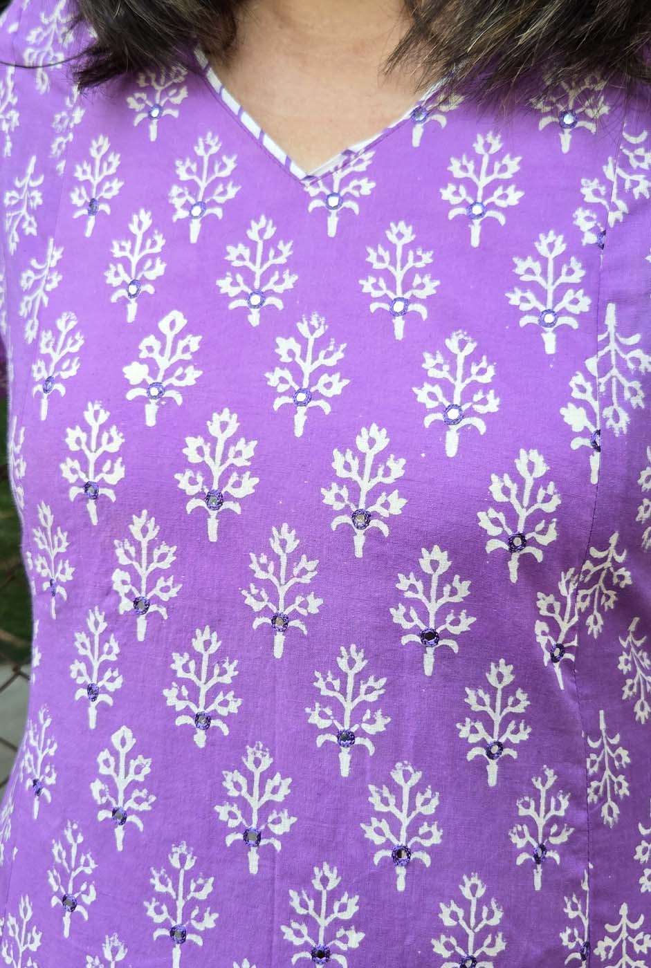 Set of 2 Meher – Purple Handblock Kurta Pant Set with Mirror Work