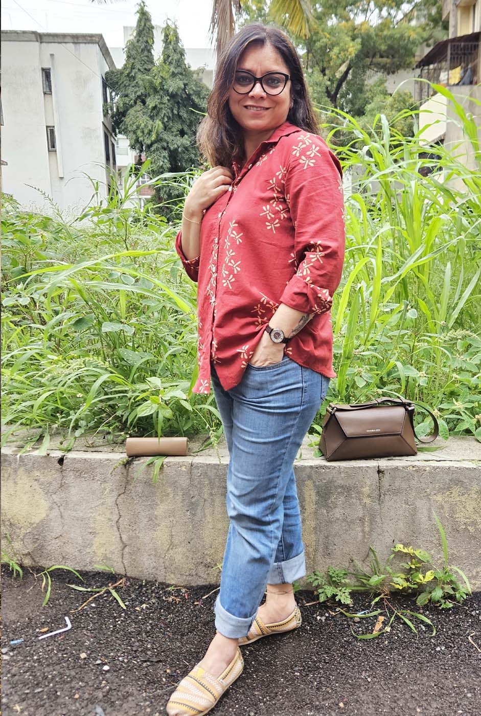 Dragonfly Block Red Handloom Cotton Ajrakh Shirt