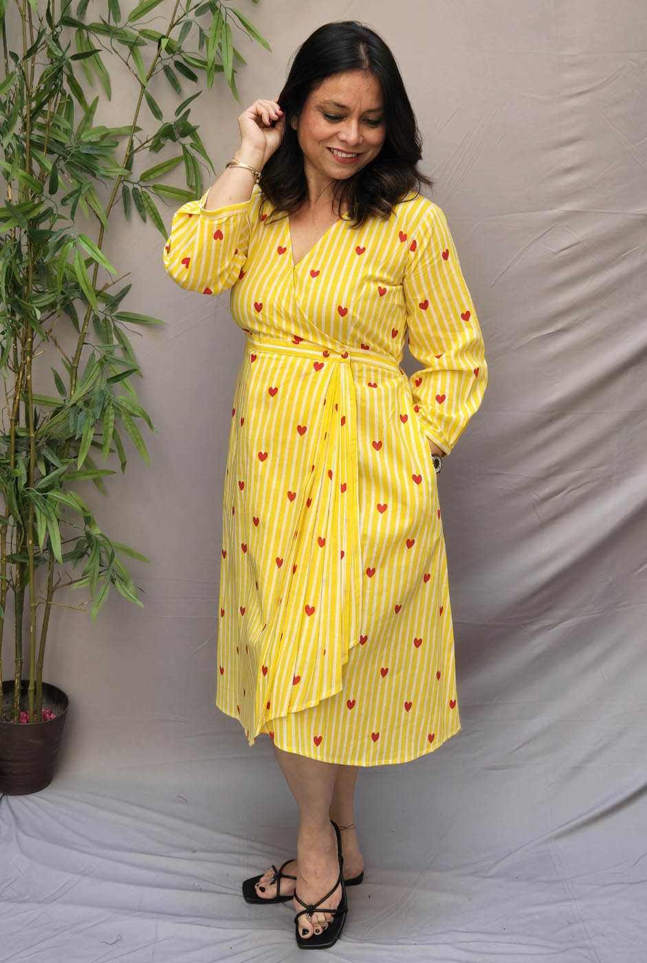 Yellow Cotton Wrap-Around Dress with Pleat Detailing