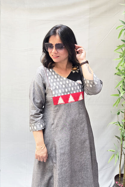 Exclusive Grey Cotton Kurta with Double Ikat  Yoke Detailing