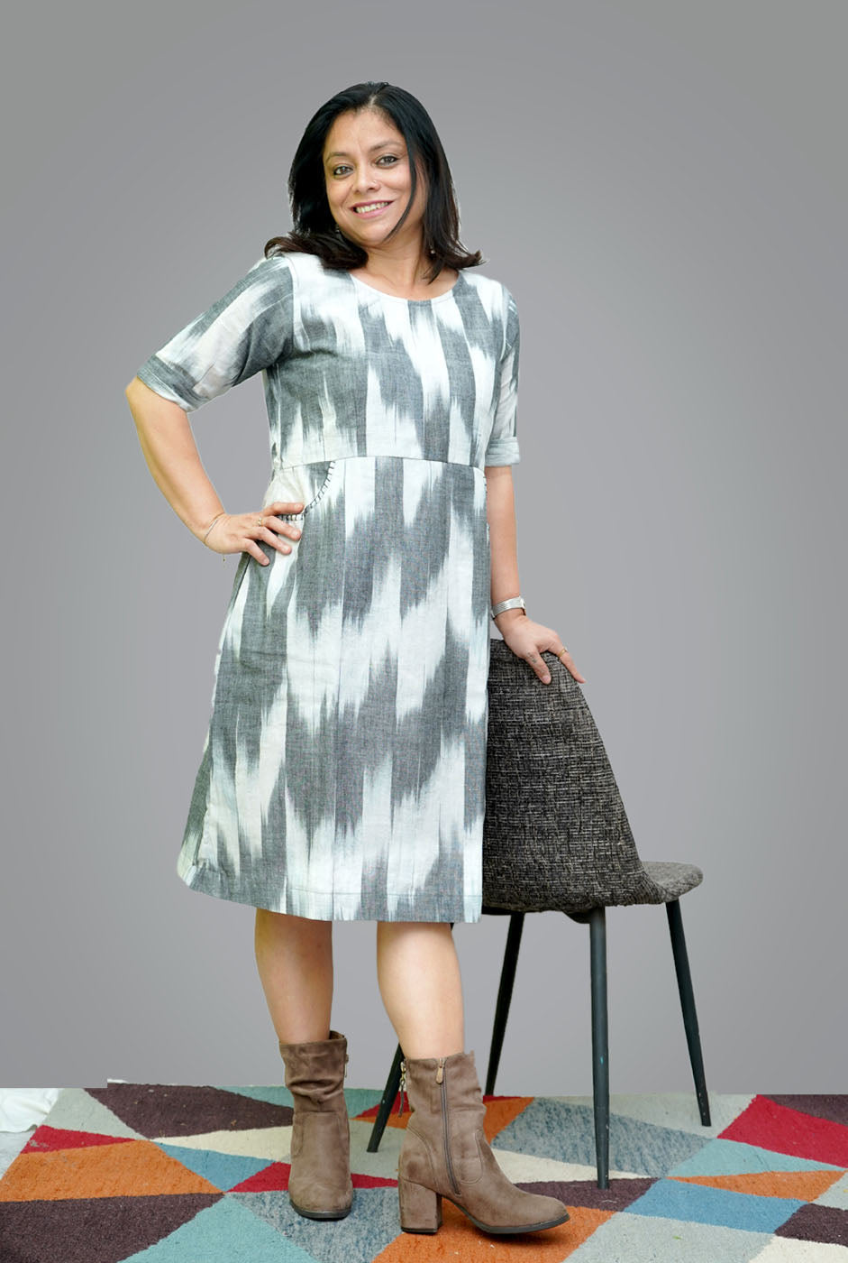 Cotton Ikat Shift Dress With Lining (A)