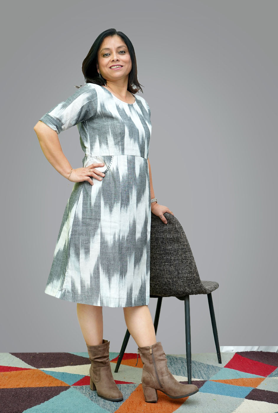 Cotton Ikat Shift Dress With Lining (A)