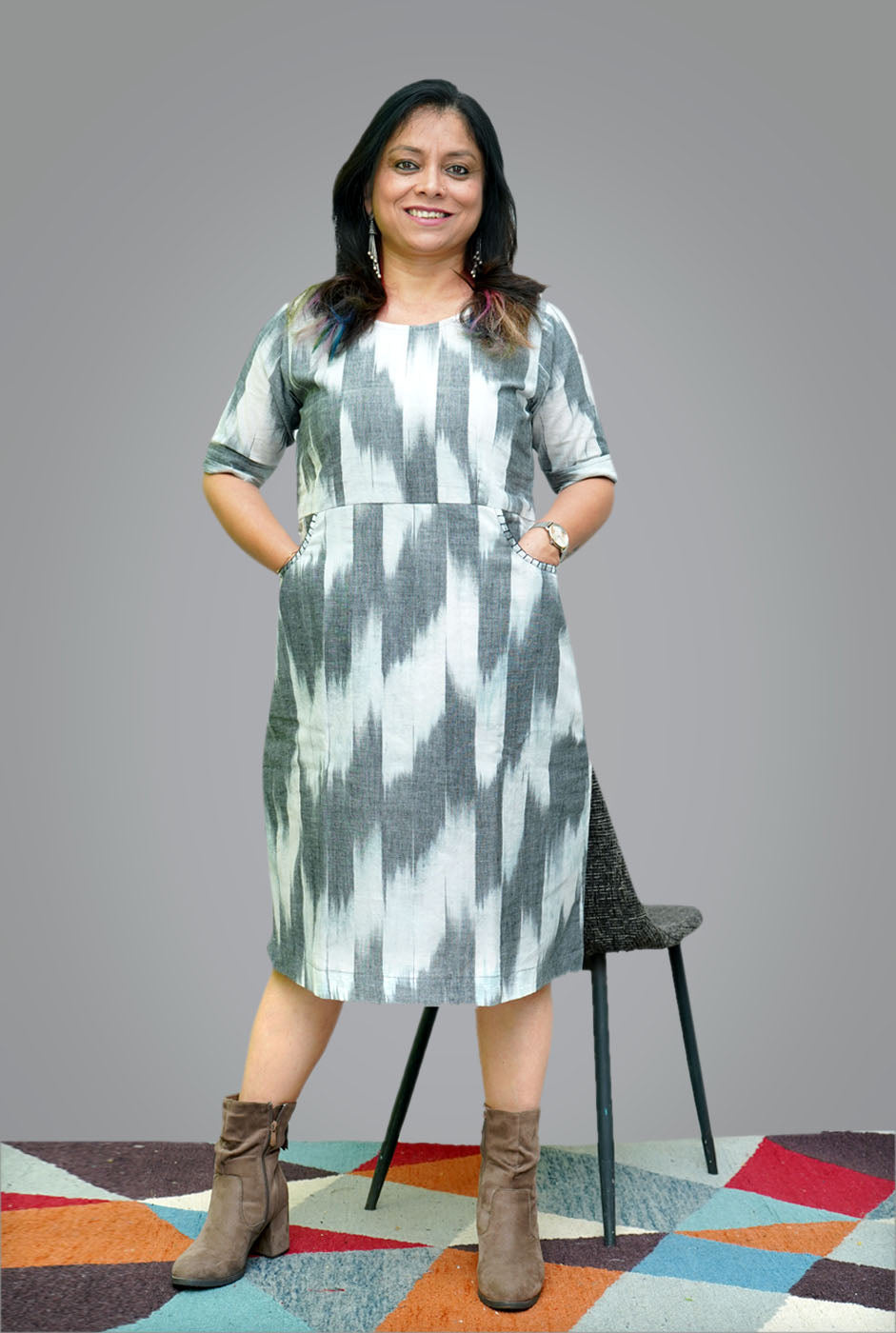 Cotton Ikat Shift Dress With Lining (A)