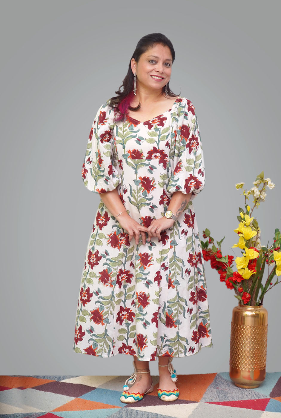 White Hand block Calf-Length Cotton Dress