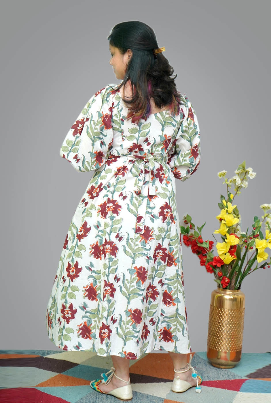 White Hand block Calf-Length Cotton Dress