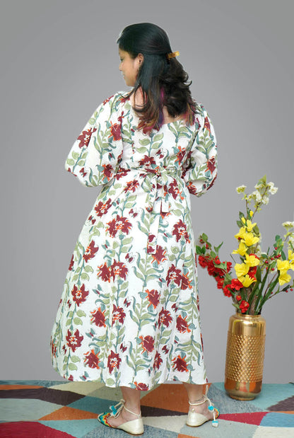 White Hand block Calf-Length Cotton Dress