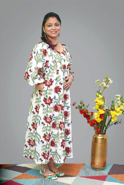 White Hand block Calf-Length Cotton Dress