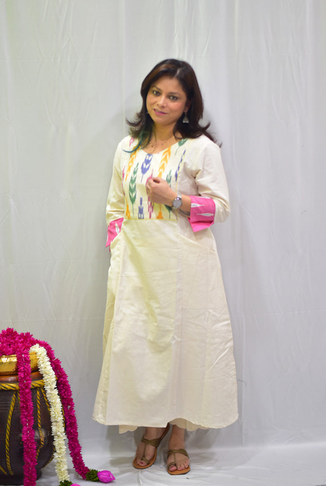 A-line Handloom Cotton Kurti/ Dress With Exclusive Ikat Yoke