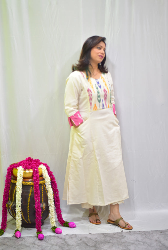 A-line Handloom Cotton Kurti/ Dress With Exclusive Ikat Yoke