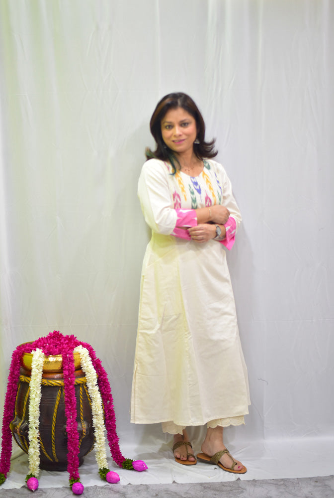 A-line Handloom Cotton Kurti/ Dress With Exclusive Ikat Yoke
