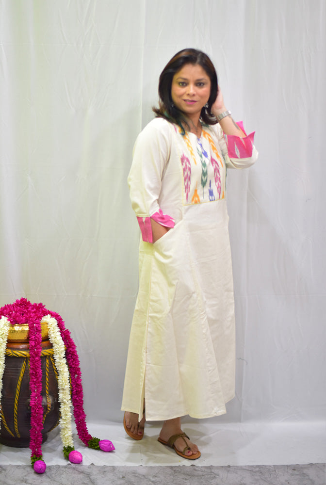 A-line Handloom Cotton Kurti/ Dress With Exclusive Ikat Yoke