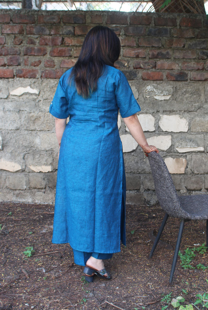 Comfort Fit Straight Cut Linen Blue Kurti Pant Set