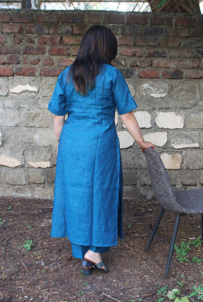 Comfort Fit Straight Cut Linen Blue Kurti Pant Set