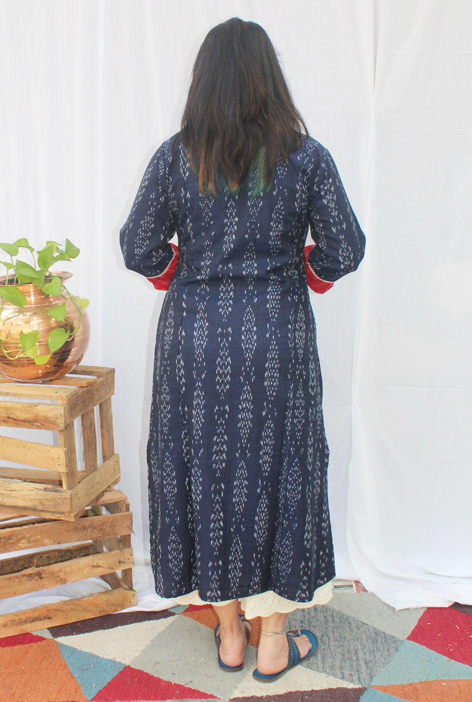 A line kurti with machine embroidery detailing