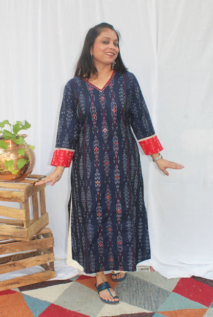 A line kurti with machine embroidery detailing