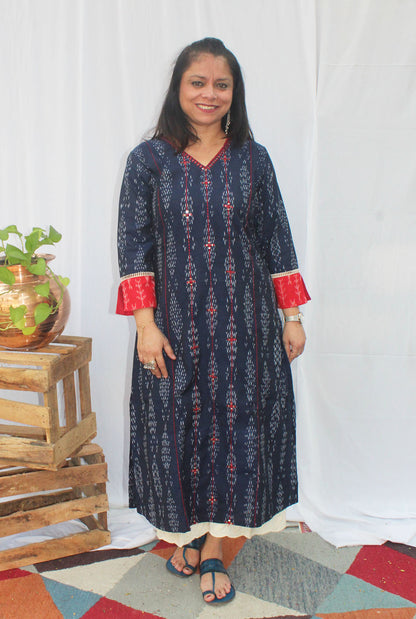 A line kurti with machine embroidery detailing