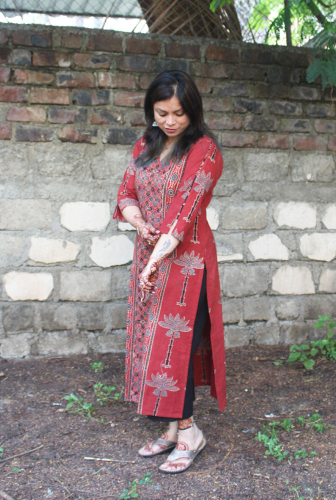 Straight cut designer Red Ajrakh Kurti
