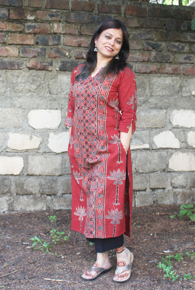 Straight cut designer Red Ajrakh Kurti