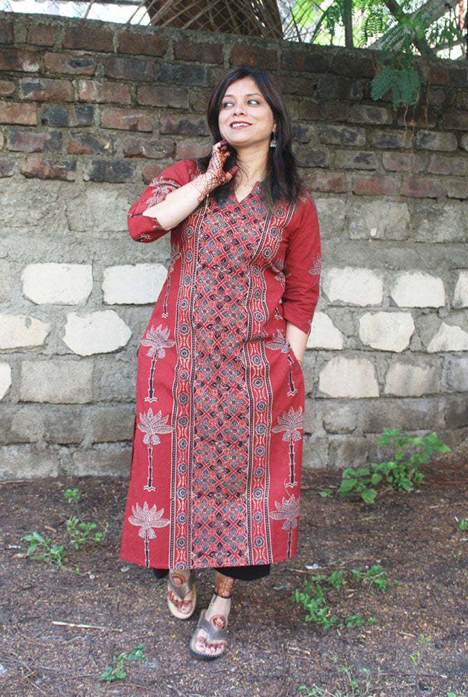 Straight cut designer Red Ajrakh Kurti