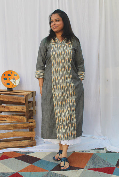 Grey Premium Handloom kurti With Exclusive Ikat Panel