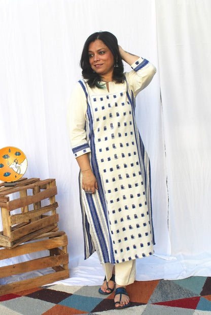 White & Blue Double Ikat Kurti