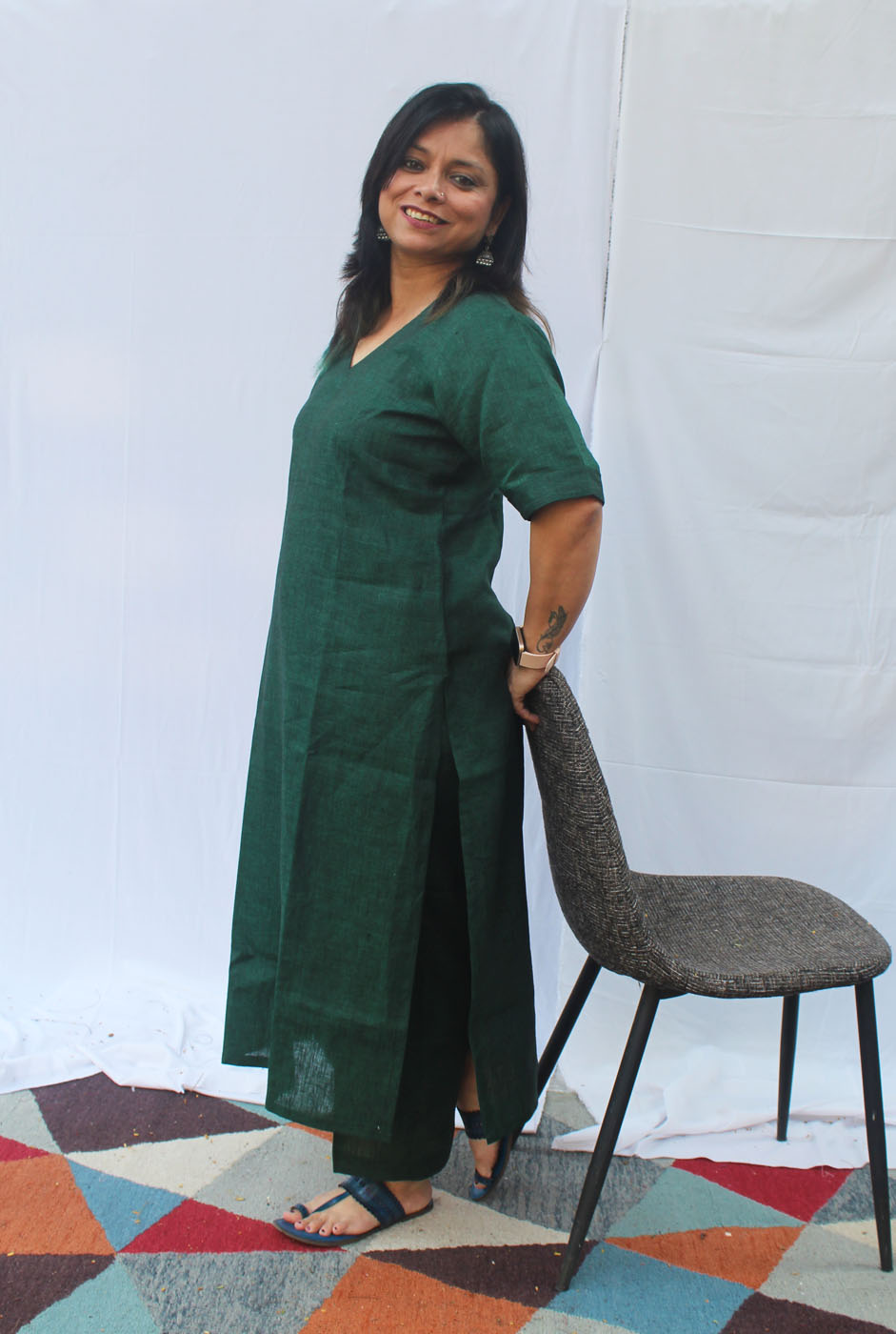 Green Linen Kurta pant Set/ Co-Ord Set