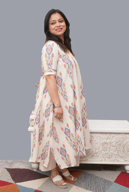 White Anti fit Ikat Kurti with Asymmetric Cut