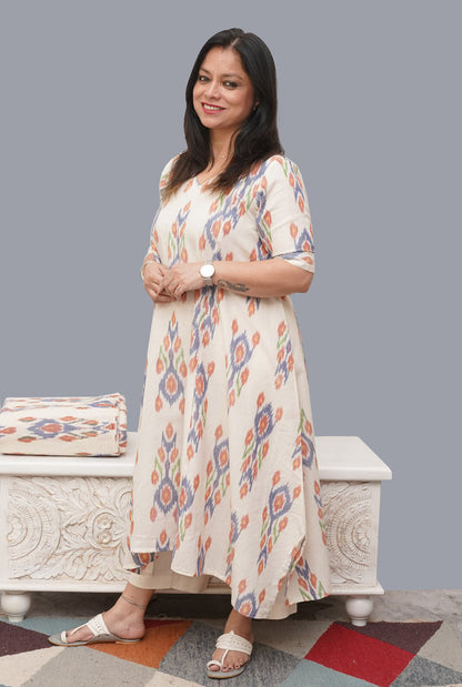 White Anti fit Ikat Kurti with Asymmetric Cut