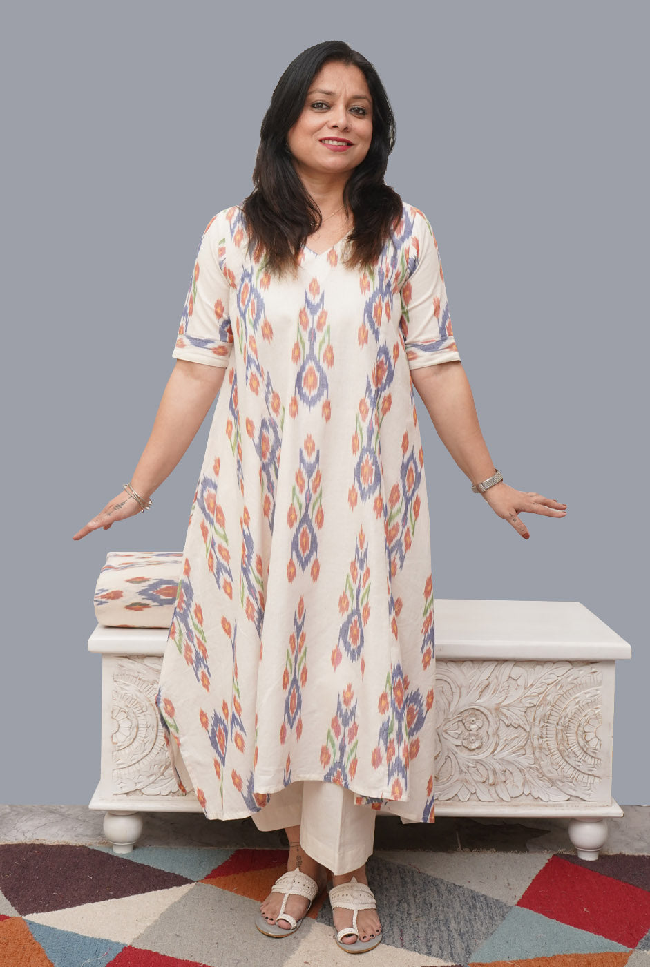 White Anti fit Ikat Kurti with Asymmetric Cut