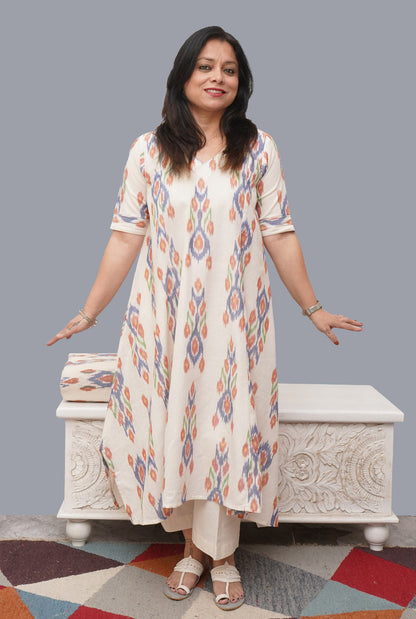 White Anti fit Ikat Kurti with Asymmetric Cut