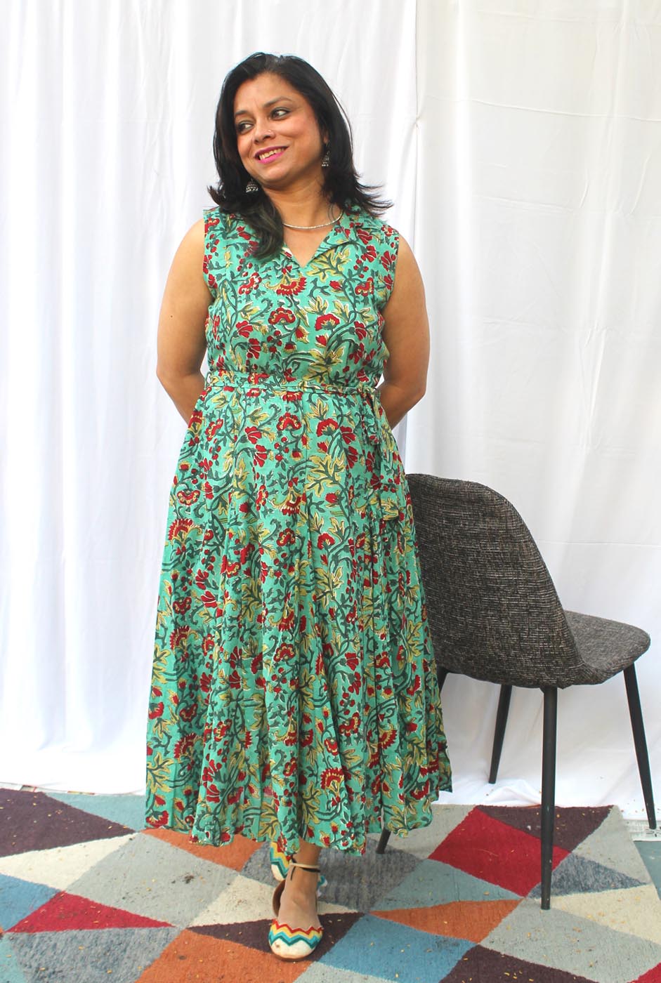 Green Hand block cotton kali dress with lining