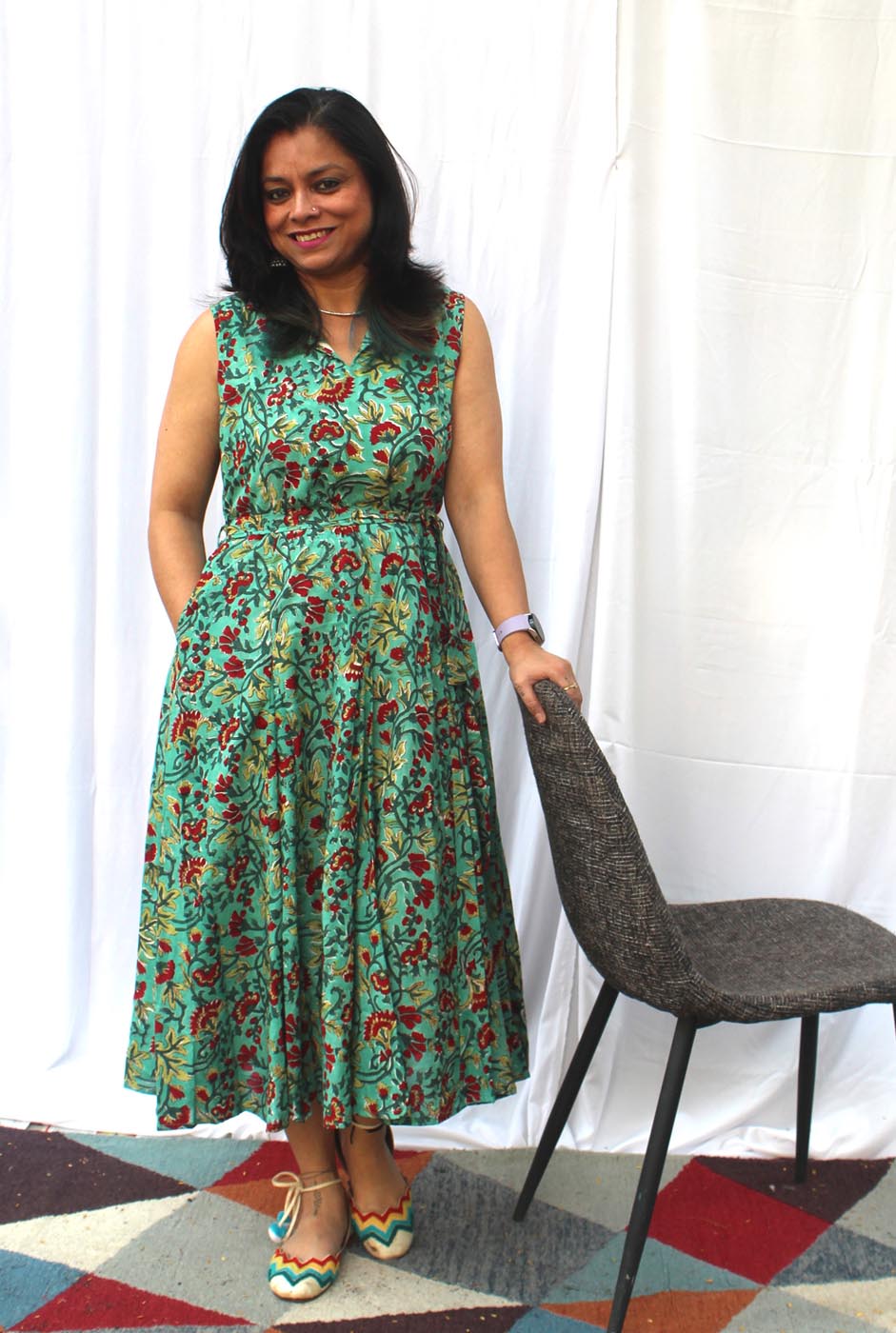 Green Hand block cotton kali dress with lining