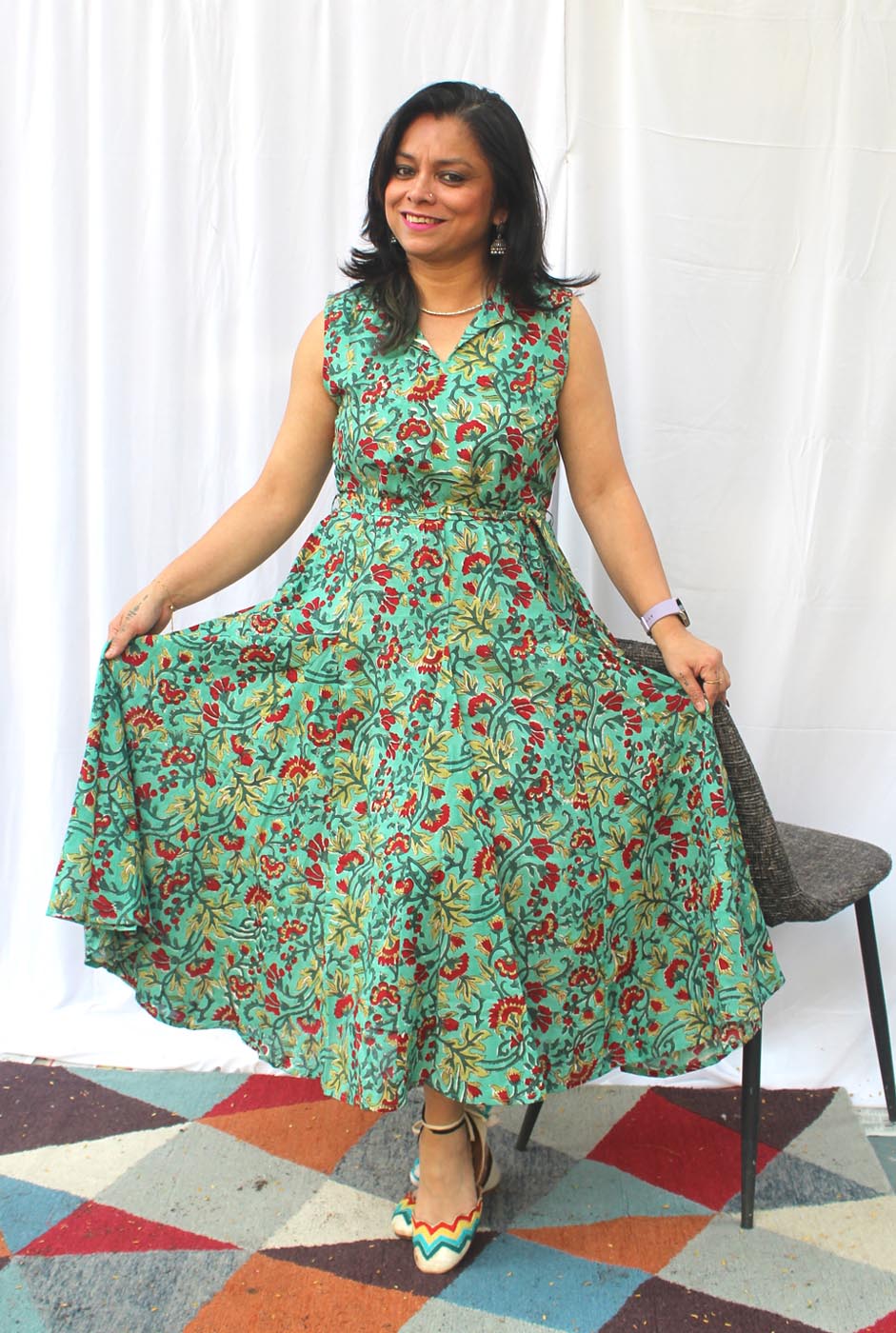 Green Hand block cotton kali dress with lining