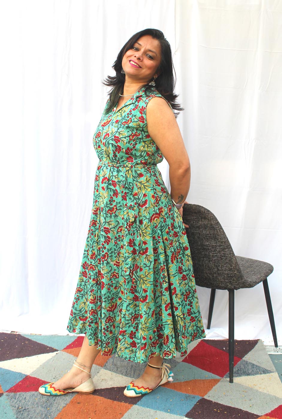 Green Hand block cotton kali dress with lining