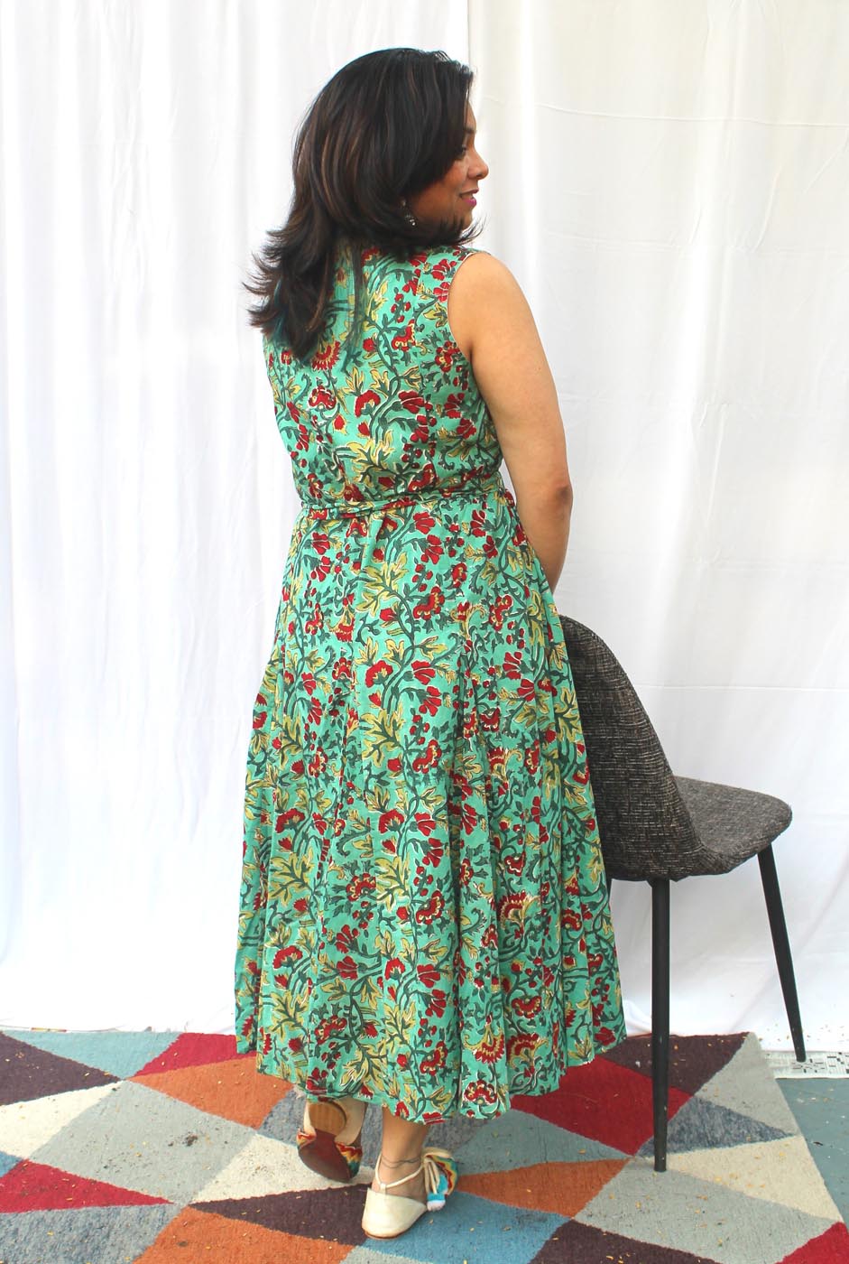Green Hand block cotton kali dress with lining