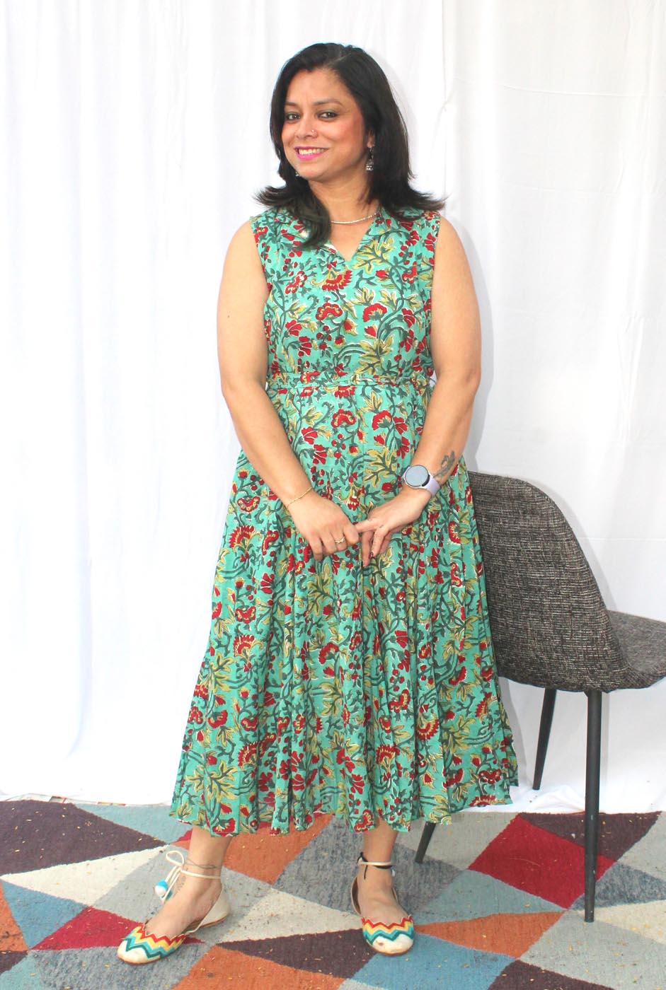 Green Hand block cotton kali dress with lining