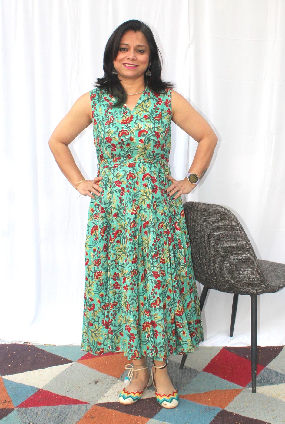 Green Hand block cotton kali dress with lining
