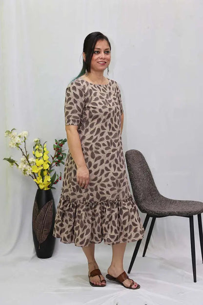 Dabu Ajrakh Beige &amp; Brown Dress With Lining