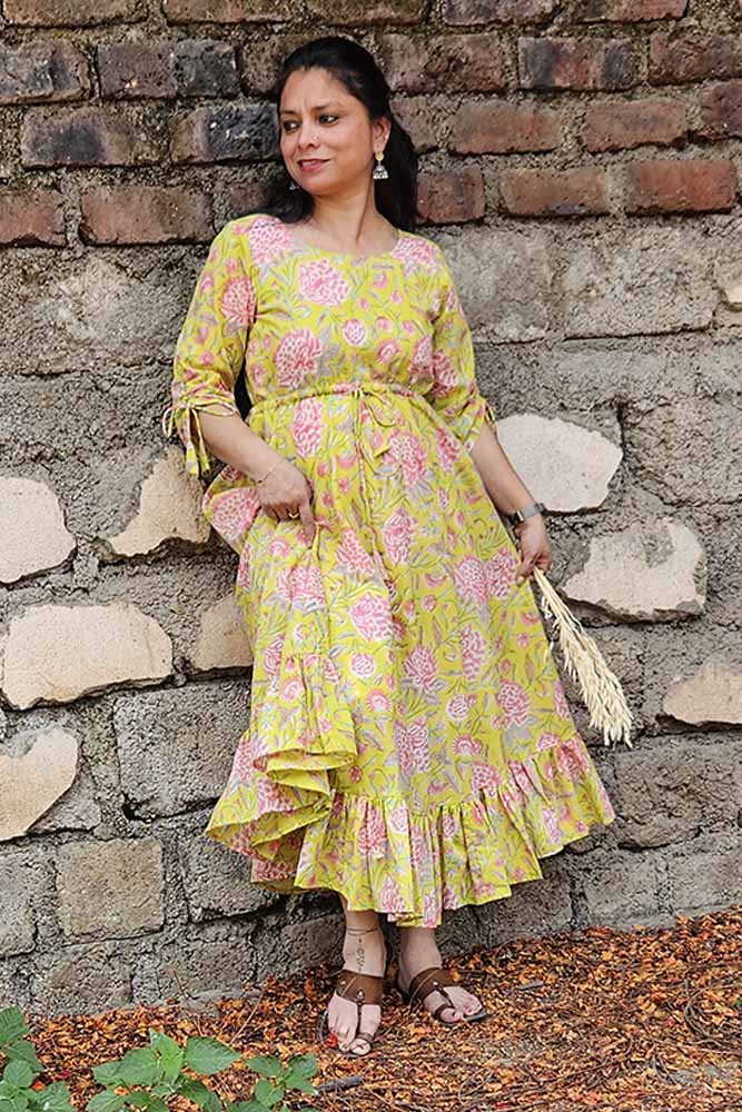 Yellow Floral Dabu Dress