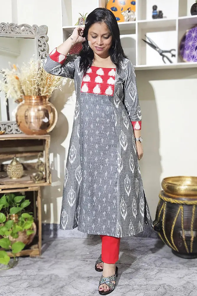 Grey Ikat Kurti With Double Ikat Yoke