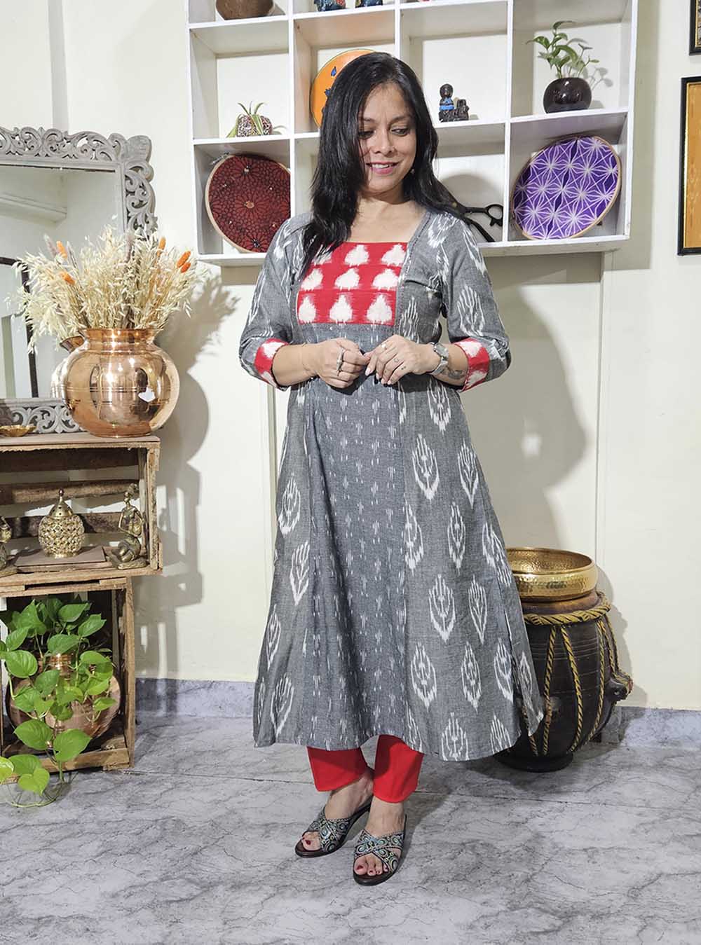 Grey Ikat Kurti With Double Ikat Yoke