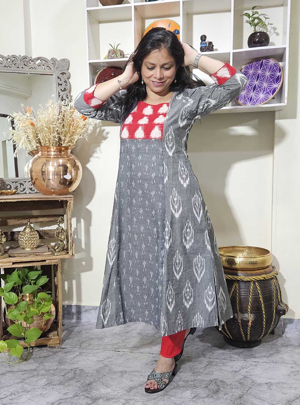 Grey Ikat Kurti With Double Ikat Yoke