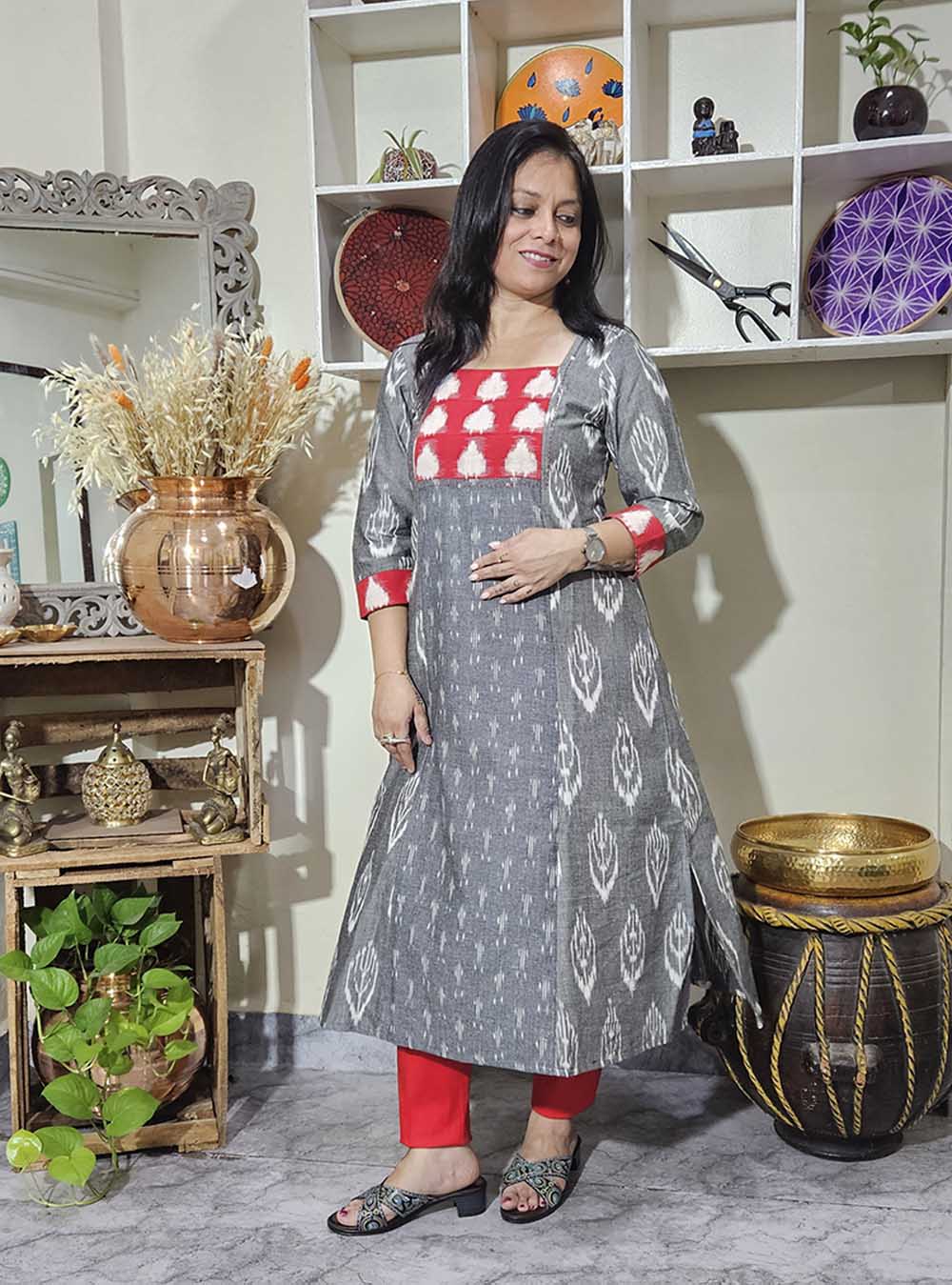 Grey Ikat Kurti With Double Ikat Yoke