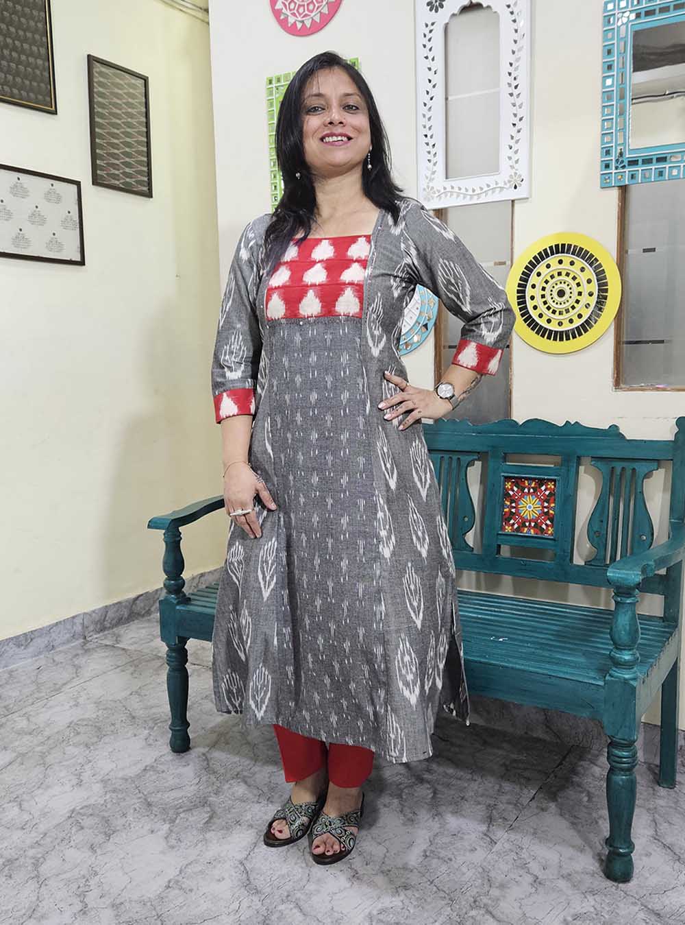 Grey Ikat Kurti With Double Ikat Yoke