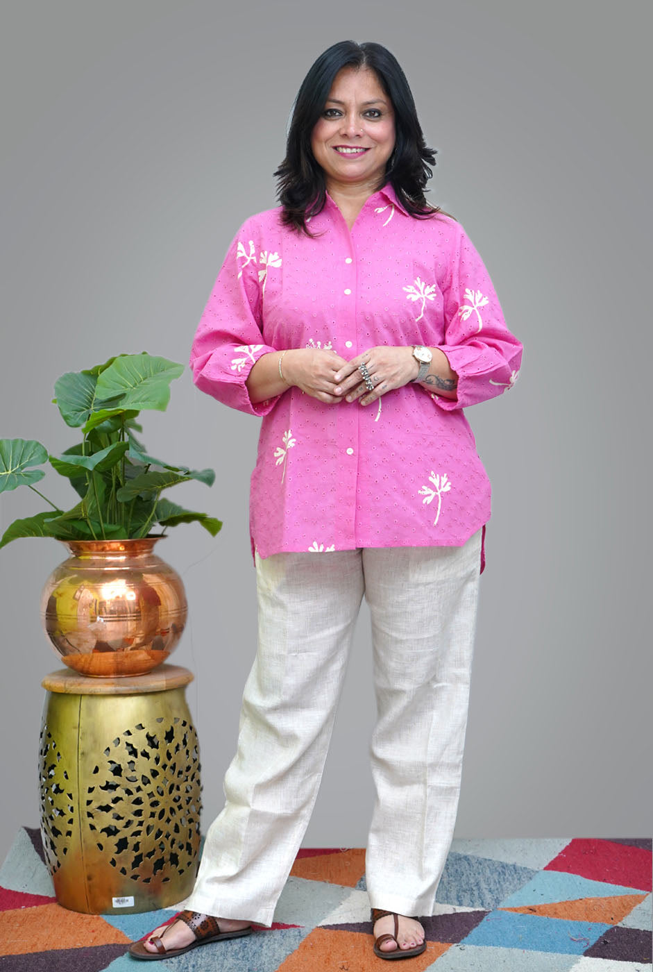 Pink Hand Block Schiffli Short Top/ Kurta