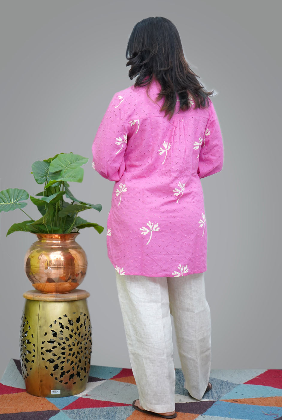 Pink Hand Block Schiffli Short Top/ Kurta