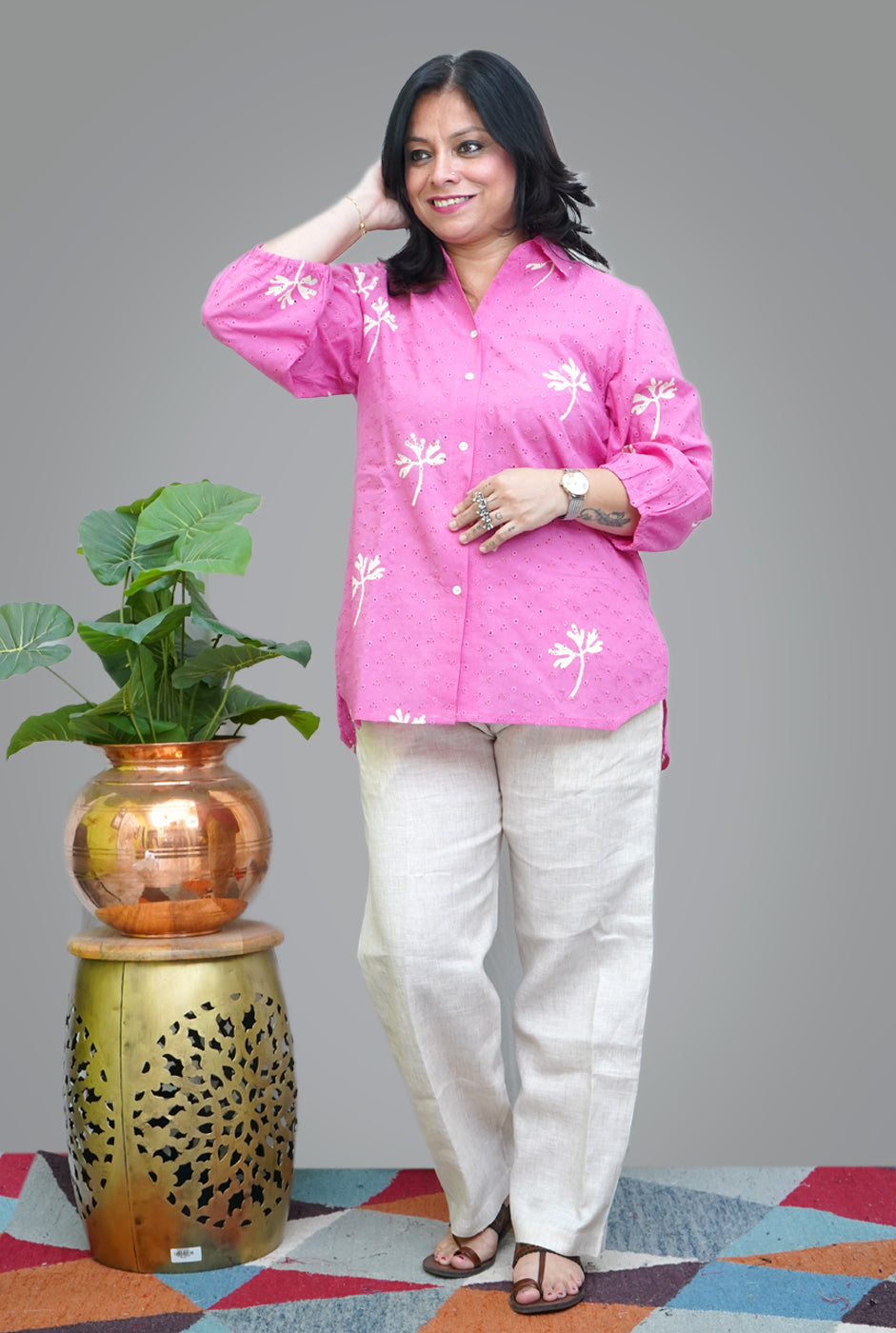Pink Hand Block Schiffli Short Top/ Kurta
