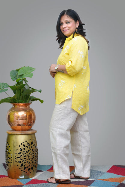 Yellow Hand Block Schiffli Short Top/ Kurta