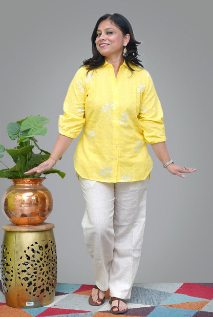 Yellow Hand Block Schiffli Short Top/ Kurta
